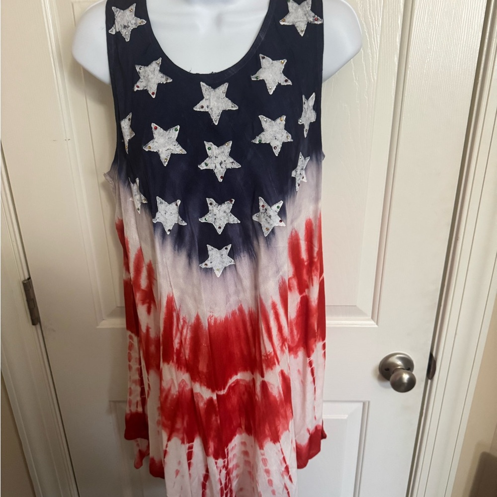 Seven Islands Womens OS Tie Dye Sleeveless Top Red White Blue Flag USA Stars NWT